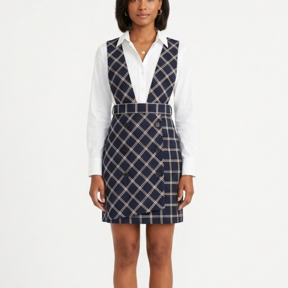 Venus Plaid Jumper Dress & White Blouse Set Black White Size 6 Dark Academia